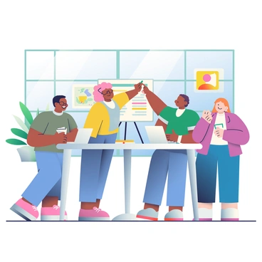 A group of five entrepreneurs is gathered in a bright, modern coworking space, surrounded by large windows that let in natural light. Two men and three women are standing around a sleek, round table covered with notebooks, laptops, and a presentation board. One woman with curly hair is enthusiastically pointing at the board with a marker while the others are nodding and smiling. A man with glasses is typing on his laptop, and another woman with short hair is taking notes in a notebook. The space is decorated with plants and colorful artwork on the walls, creating an inviting atmosphere for collaboration.