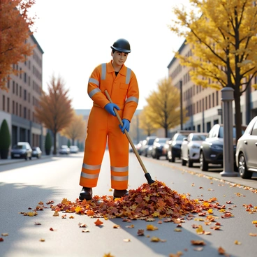 A street cleaner wearing a bright orange uniform with reflective stripes is actively sweeping a pile of colorful autumn leaves on a quiet city street. The street is lined with brick buildings and has a few parked cars. The sun casts soft shadows, and gentle gusts of wind send a few leaves swirling through the air. In the background, there are small trees with golden and red leaves. The street cleaner holds a long-handled broom, concentrating on gathering the leaves into a neat pile.