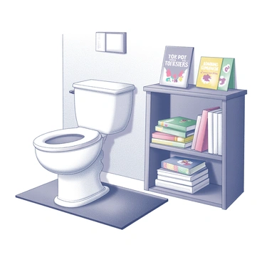 A small bathroom setting featuring a white potty positioned next to a wooden shelf. The shelf is filled with an array of colorful children's picture books, stacked neatly with some leaning slightly. The books have various cover designs, showcasing playful illustrations and large print titles. A small rug is placed on the floor, adding a homey touch to the scene. The wall behind the shelf has a few decorative elements, such as a small framed picture and a calendar.