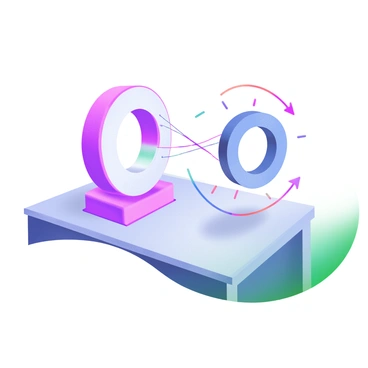 A modern pastel illustration depicting two magnets placed on a clean table. One magnet is oriented with its north pole facing the south pole of the other magnet. Visible magnetic lines, illustrated as curved lines in blue and red, connect the two magnets, demonstrating their attraction. The background is softly colored, enhancing the focus on the magnets and the magnetic lines between them.