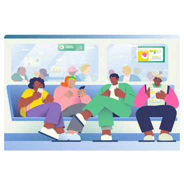 A group of diverse passengers is seated inside an automated airport train. The train features large windows that showcase the bustling airport terminal outside. Some passengers are looking at their mobile devices, while others are engaged in conversation. A woman with curly hair is holding a travel coffee cup, and a man with a backpack is reading a map. The interior of the train is modern, with sleek, comfortable seating and overhead lights illuminating the space. The walls are adorned with digital displays showing flight information.