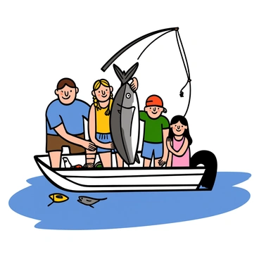 A family of four is on a fishing boat, posing proudly with their catch. The father has light skin and short brown hair, wearing a blue t-shirt and khaki shorts. The mother has light skin and long blonde hair in braids, wearing a yellow tank top and denim shorts. Their son has light skin and short brown hair, wearing a red baseball cap and a green t-shirt. The daughter has light skin and long black hair, wearing a pink sundress. In the center of the group, they hold up a large dead fish, displaying it with smiles. The boat has fishing gear scattered around, and the water is calm under a clear blue sky.
