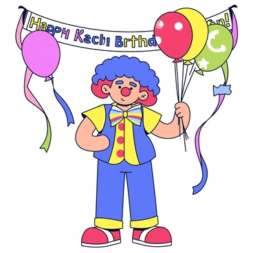A character dressed as Gojo wearing a playful disguise for a costume-themed birthday event. The disguise includes a large, colorful clown wig that is bright blue and red. Gojo has a vibrant, oversized rainbow-colored bow tie and a colorful polka-dot vest. He is wearing playful oversized shoes and has a big red nose. In his hand, he holds a balloon shaped like a star. Around him are colorful decorations, including streamers and balloons in various bright colors. A banner in the background reads "Happy Birthday!" in cheerful letters.