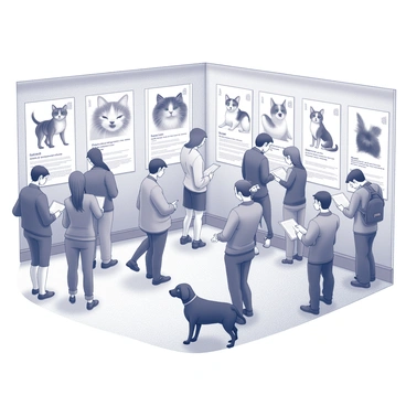 A pet adoption event taking place in a spacious community center. Various posters line the walls, each featuring illustrations of different cat and dog breeds. The posters display distinct breeds such as a fluffy Persian cat, a playful Labrador Retriever, a sleek Siamese cat, and a charming Beagle. Each illustration captures the unique features of the animals, emphasizing their fur texture, eye shapes, and playful expressions. Attendees of the event are gathered around the posters, some reading about the featured pets, while others engage in conversation about pet adoption.