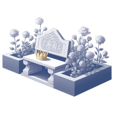 A royal garden filled with lush greenery and neatly trimmed hedges. In the center, there is a stone bench, intricately designed with floral patterns carved into the surface. On the bench rests a "golden crown" with detailed embellishments, gleaming subtly. Surrounding the bench, there are various "roses" in full bloom, showcasing their elegant shapes and intricate petals. The scene is peaceful, with the garden creating a serene atmosphere conducive to relaxation.
