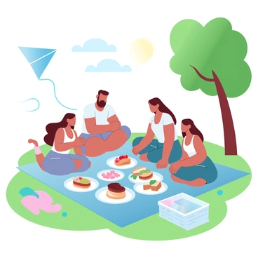 A family is gathered on a colorful picnic blanket spread out on green grass in a park. The family consists of four members, each engaged in different activities. There are various dishes laid out, including a fresh fruit platter, sandwiches, and snacks. Nearby, a picnic basket rests partially open, suggesting more food inside. Trees with lush green leaves provide shade around the picnic area. A bright sun is visible in the sky, casting soft light across the scene. A kite is flying in the background, adding a playful element to the atmosphere.