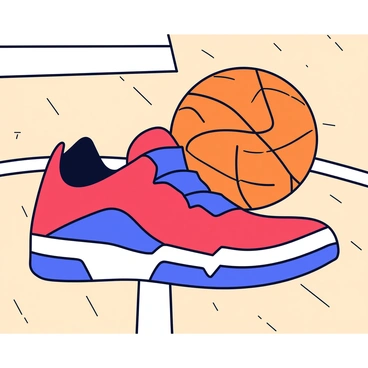A pair of basketball shoes in bright red and blue colors, featuring modern design elements and detailed stitching. The shoes are positioned on a wooden basketball court with visible lines marking the boundaries. In the background, a basketball rests on the court, partially in focus, showcasing its orange texture and black stripes. The scene captures a sense of action and energy.
