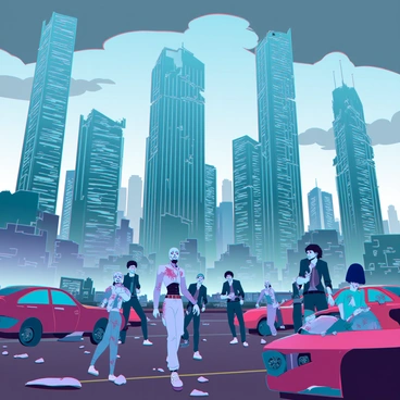 A sprawling city skyline dominated by tall skyscrapers, some of which are cracked and partially collapsed. The scene depicts numerous zombies with decaying features and tattered clothing, wandering aimlessly among the streets. Abandoned cars are scattered across the roadways, many overturned or with shattered windows, creating a chaotic atmosphere. Debris, including broken glass and remnants of structures, litter the ground, adding to the desolation of the urban landscape. Dark clouds loom overhead, enhancing the sense of gloom and abandonment in the city.