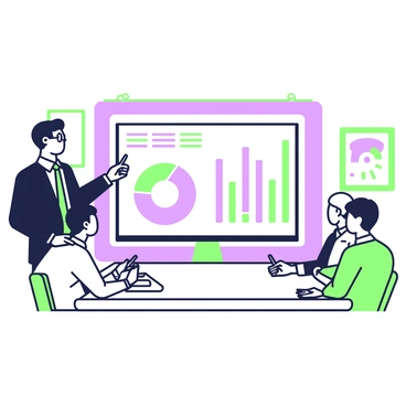 A director stands confidently in front of a large screen, delivering a presentation to the board. The director is wearing a formal dark suit and glasses, with short, neatly styled hair. On the screen behind them, several colorful charts are displayed, including a pie chart and a bar graph. The board members are seated around a rectangular table, listening attentively. Some of them take notes, while others watch the screen. The room is well-lit, with a modern design featuring framed artwork on the walls.