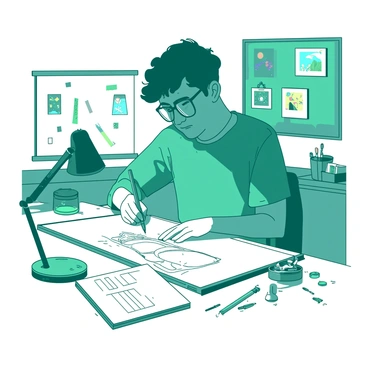 A teal artist with glasses is sitting at a white desk, deeply focused on creating a detailed editorial piece. The artist is holding a pencil and sketching on a large white drawing pad. Various art supplies, including colorful markers and brushes, are scattered across the desk. Next to the artist is a small teal lamp providing focused light on the work. An open white notebook lies beside the drawing pad, filled with notes and ideas. The room is cozy, with a few colorful art prints hanging on the walls.
