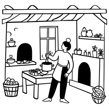 A detailed 18th-century kitchen with wooden beams overhead and stone walls. A cook, wearing period-appropriate attire, stands in front of a large open hearth, stirring a pot hanging over the fire. The kitchen is furnished with a wooden table cluttered with fresh vegetables and herbs. Copper pots and utensils are neatly arranged on shelves against the wall. A large window lets in light, illuminating the scene. A basket of freshly baked bread sits to one side, completing the rustic atmosphere.