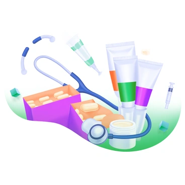 A modern pastel illustration featuring a variety of medications and creams used for treating herpes. There are several small boxes of pills in different colors, arranged in a neat row. Next to the boxes, there are tubes of cream with colorful labels, placed upright. Some of the cream tubes have their caps off, revealing the opening. In the background, there are subtle medical icons, such as a stethoscope and a syringe, lightly illustrated to enhance the theme without overwhelming the main display.