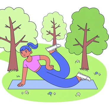 A woman performing hip thrusts on a grassy park field. The woman has long hair tied back in a ponytail and is wearing a fitted workout top and leggings. She is focused and in an athletic stance, with her back resting against a soft mat. Surrounding her are tall green trees with dense foliage, and a few scattered wildflowers can be seen on the grass. The sunlight filters through the leaves, creating a dappled effect on the ground.