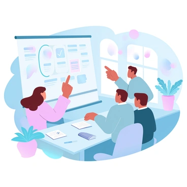 A group of three colleagues is gathered around a large business model canvas pinned on a whiteboard. One colleague is pointing at a section of the canvas, while the others are looking at it attentively. The office is filled with vibrant colors, including bright furnishings and lively decorations on the walls. There are notebooks and pens scattered on a nearby table, and a potted plant adds a touch of greenery to the scene. A window allows natural light to illuminate the workspace, enhancing the energetic atmosphere.