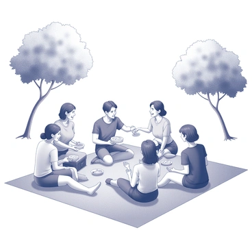 A large blanket is spread across the grass in a park setting. Several friends are sitting on the blanket, engaged in conversation and laughter. One person is holding a picnic basket, while another is serving food onto plates. A couple of them are leaning back on their hands, relaxing while the others are playfully tossing a frisbee. Trees surround the scene, providing shade and a sense of tranquility. The sky is clear, indicating a pleasant evening.