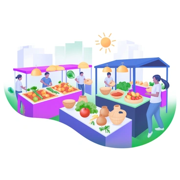 A colorful market scene in a busy main square filled with vibrant stalls. Each stall displays an array of fresh fruits, such as oranges, apples, and bananas, alongside a variety of vegetables like tomatoes, carrots, and leafy greens. Handmade crafts, including woven baskets and pottery, are elegantly arranged on tables. Shoppers are mingling, examining the goods, and exchanging cheerful conversations. The atmosphere is lively, with people moving around and the sun shining brightly above.