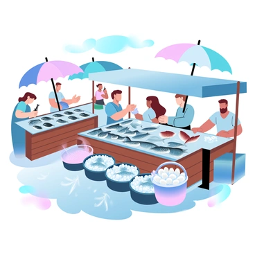 A bustling fish market filled with a variety of vendors. Each vendor is displaying an array of fresh catches of the day, including "colorful fish" like salmon, snapper, and mackerel arranged neatly on ice. Some vendors are standing behind wooden stalls, while others are assisting customers. Brightly colored market umbrellas are overhead, adding to the vivid atmosphere. The ground is slightly wet, reflecting the vibrant tones of the fish and surroundings. Baskets filled with shellfish and crabs are scattered throughout, adding to the lively scene.