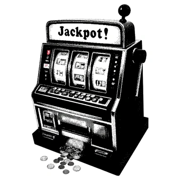 A whimsical slot machine is positioned at an angle, adorned with intricate patterns and detailing. The machine features three spinning reels, each showcasing various classical musical notes like quarter notes, eighth notes, and whole notes. Above the reels, a bright sign reads "Jackpot!" in a playful font. Instead of coins, small musical notes spill from the bottom of the machine, creating a cascade around it. The overall design is vibrant and engaging, drawing attention to the unique concept of dispensing music instead of currency.