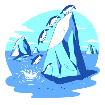 A group of penguins with black and white feathers is diving off a towering iceberg into the chilly blue waters below. The iceberg is jagged and majestic, reflecting sunlight against the clear blue sky. Below, the water splashes as the penguins enter, creating small ripples and droplets. Some penguins are mid-air, poised to plunge, while others are already swimming, their sleek bodies cutting through the surface. In the background, additional icebergs float in the calm ocean, completing the scene.