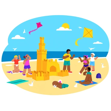 A bright beach scene featuring several children joyfully building sandcastles. The sandcastles have tall towers and wide walls, showcasing intricate details. Nearby, other children are flying colorful kites that soar high in the clear blue sky. The kites come in various shapes, including a dragon and a butterfly, with long, flowing tails. The sun shines brightly overhead, casting warm light on the sandy shore. Seagulls are scattered in the background, and beach towels are spread out nearby, adding to the lively atmosphere.