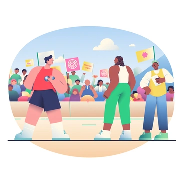 A competition scene takes place in an outdoor arena with a soft earthy ground. In the foreground, two competitors are preparing to throw their steel balls. One character, a tall man with short dark hair, is wearing a bright red tank top and navy shorts. He holds a shiny steel ball in his right hand, focusing intently on his target. The second character, a woman with long braided brown hair, is dressed in a white athletic shirt and green leggings. She stands poised to throw her ball, with a determined expression on her face. 

Surrounding the competitors, a crowd of spectators is cheering, with some holding colorful signs of encouragement. To the side, a judge is observing the scene, holding a clipboard and wearing a yellow vest. In the background, there are banners flapping in the gentle breeze, displaying the name of the competition. The sky overhead is clear and blue, creating a vibrant atmosphere for the event.