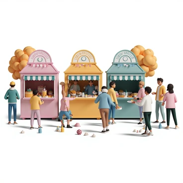 A group of people gathered in a vibrant outdoor setting, celebrating a harvest festival. Colorful food stalls are lined up, each adorned with banners and filled with various traditional foods such as pies, roasted corn, and fresh fruits. Children are playing games, tossing rings onto bottles and trying to win prizes, while adults chat and enjoy their meals. The atmosphere is lively, with people wearing light jackets and enjoying the cool breeze. Some individuals are holding plates of food, and others are taking photos of the festivities, capturing the joy of the event. A backdrop of trees with colorful autumn leaves completes the festive scene.