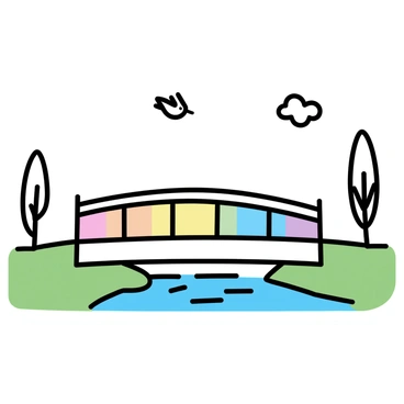 A minimalistic drawing of a "bridge painted in rainbow colors" crossing a "small stream" surrounded by "green grass." The stream flows gently beneath the bridge. On either side of the stream, there are sparse "trees" with simple outlines. The sky is clear with a few "white clouds" scattered across it. A "single bird" is flying above the bridge, adding a touch of life to the scene.