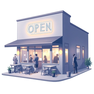 A café with a welcoming facade is illuminated by a large neon sign that reads "Open" in bold letters. The sign glows brightly against the evening sky, casting a soft light onto the surrounding sidewalk. There are wooden tables and chairs set outside the café, creating a cozy atmosphere for patrons. Potted plants are arranged near the entrance, adding a touch of greenery to the setting. Passersby are seen walking by, some glancing at the sign, while a few others stop to admire the inviting ambiance. The windows of the café showcase warm lighting from within, hinting at the comfortable interior waiting inside.