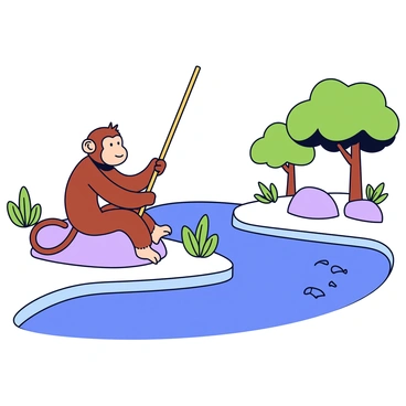 A monkey with brown fur sitting on a smooth rock by a river. The monkey is holding a long bamboo rod, carefully watching the water for fish. The river has clear blue water with gentle ripples, and there are green plants along the riverbank. In the background, there are a few trees with broad leaves casting shadows over the scene.