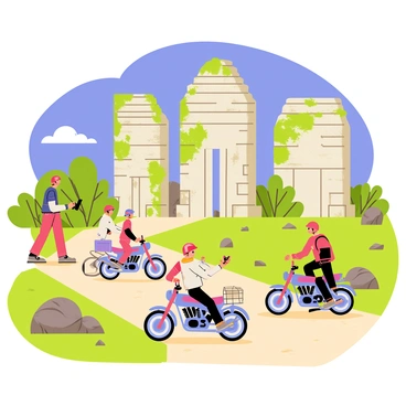 A motorcycle touring group consisting of three riders wearing colorful helmets and jackets is navigating a dusty path. In the background, large ancient ruins made of weathered stone rise majestically, covered in patches of green ivy. The sky is bright blue with a few fluffy white clouds scattered overhead. Two of the motorcycles are parked near the entrance of the ruins, while one rider is taking pictures of the site. Lush vegetation surrounds the area, and there are scattered rocks and debris from the ancient structures.