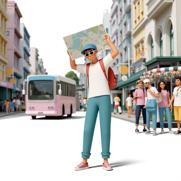 A tourist holding a map upside down, looking confused in a bustling city