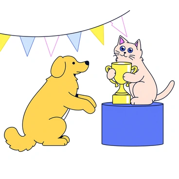 A dog with a fluffy golden coat is sitting on its haunches, looking enviously at a cat on a pedestal. The cat is a sleek Siamese with striking blue eyes, proudly holding a shiny gold trophy in its paws. The scene is set in a bright and colorful pet show environment, with decorations and banners in the background. The dog's ears are perked up, and its tail is slightly lowered, indicating its feelings of jealousy. The cat is elegantly posed, showcasing its prize with a confident expression.