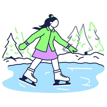 A cartoon girl is gracefully gliding on ice at a frozen lake. She has long, flowing hair tied back in a ponytail, and she is wearing a bright outfit with a fitted jacket, gloves, and a skirt. Her skates sparkle as they carve delicate lines into the ice. In the background, there are snow-covered trees lining the edge of the lake, and the surface of the ice reflects her movements. The sky is clear, adding to the cheerful atmosphere of the scene.