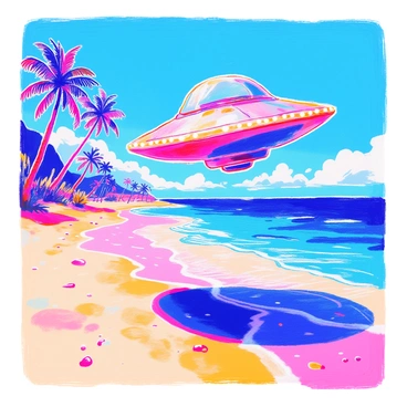 A UFO is hovering above a peaceful beach scene. The UFO has a metallic, disc-shaped body with bright lights flashing around its circumference. Below, the beach is dotted with fine, golden sand and gentle waves lapping at the shore. The sunlight reflects off the water, creating a glistening effect. The UFO casts a distinct shadow on the sand, creating a contrast with the bright environment. In the distance, a few palm trees sway softly in the breeze, adding to the tranquil atmosphere of the beach.