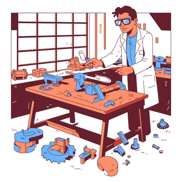 An inventor in a workshop experimenting with different types of levers