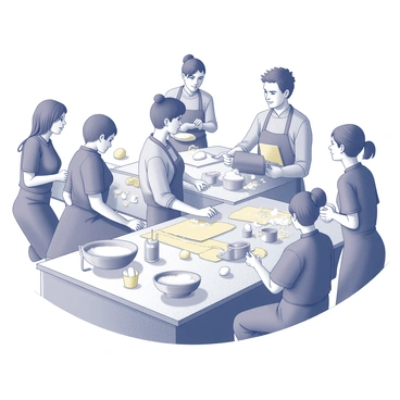 A kitchen setting filled with several tables, each occupied by small groups of students. In the front, an instructor stands at a counter, demonstrating the process of making pasta. The instructor is using a rolling pin to flatten dough, while a large bowl filled with mixed ingredients sits nearby. Students observe closely, some are taking notes and others are engaging with their own dough. Ingredients like flour and eggs are scattered across the counter. The atmosphere is focused, with a variety of kitchen tools visible around the space, including measuring cups and knives.