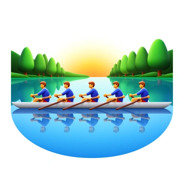 A synchronized rowing team in matching uniforms practicing on a calm lake. The rowers are positioned in a sleek boat, their oars gliding through the water in perfect harmony. The setting sun casts a warm glow on the surface of the lake, creating gentle ripples. Lush green trees line the shore, reflecting in the clear water. Each team member displays concentration and determination, their movements synchronized as they row together.