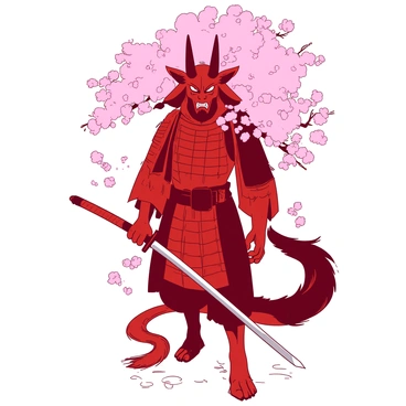 A red oni warrior stands majestically with a fierce expression on its face, holding a silver katana in its right hand. The warrior is clad in traditional armor adorned with intricate patterns. Surrounded by delicate pink cherry blossoms, the flowers drift gently around the oni, some landing on its shoulders and the ground beneath. The scene captures the contrast between the warrior's strong presence and the soft, ethereal beauty of the cherry blossoms.