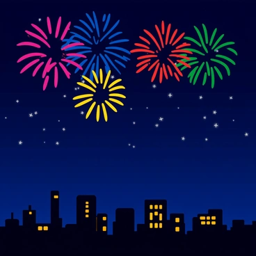 A night sky filled with vibrant bursts of colorful fireworks in shades of red, blue, yellow, and green. The fireworks bloom in various shapes, illuminating the dark sky with their brilliance. Below the fireworks, a detailed city skyline stands silhouetted against the glow, featuring various building shapes and heights. Some buildings have glowing windows, adding to the scene's atmosphere. The overall composition captures the excitement and festivity of the moment.