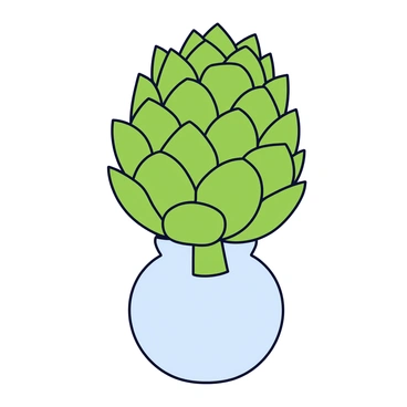 An artichoke with a rich green color, showcasing its layered, pointed leaves. The artichoke is placed in a clear glass vase that has a rounded base and a slender neck. The vase stands on a simple white surface, providing contrast to the vibrant colors of the artichoke. The background is uncluttered, emphasizing the artichoke as the focal point of the composition.