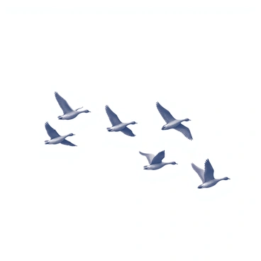 A group of geese is flying in a V formation. Each bird is depicted with its wings outstretched and a distinct silhouette against the background. The sky is clear and expansive, creating a contrast with the shapes of the geese. The overall scene captures a sense of movement as the birds navigate through the wide-open space of the morning sky.