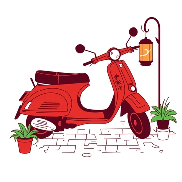 An artistic illustration of a moped with intricate designs and vibrant colors