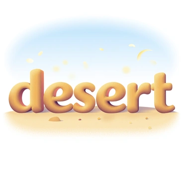 The letters forming the word "desert" are crafted from golden sand, each letter shaped like a soft, undulating sand dune. The texture of the sand is fine and smooth, glistening slightly under the bright sunlight. The background features a clear blue sky, enhancing the warm tones of the sand letters. Shadows cast by the letters stretch across the sandy ground, creating depth and dimension. Small grains of sand are gently blowing across the scene, adding to the desert atmosphere.