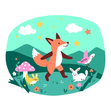 A teal mural features a whimsical scene inspired by a beloved children's storybook. In the center, a playful orange fox is dancing joyfully, surrounded by a group of delightful animals including a yellow bunny, a pink bird, and a white squirrel. The bunny is hopping along, while the bird is perched on a colorful mushroom. Above them, enchanting stars and clouds float in the teal sky, adding a fairytale touch to the mural. The background includes rolling hills in a light teal shade, and vibrant flowers with orange and pink petals dot the landscape, enhancing the magical atmosphere of the scene.