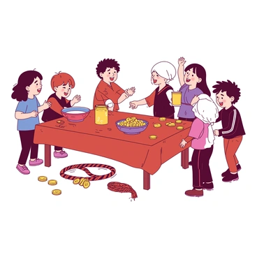 A group of children is gathered around a Haft-Sin table, which is meticulously arranged with various symbolic items. Some children are playing traditional games, such as "tug of war" with a colorful rope, while others are engaged in a game of "hide and seek" behind the table. The table itself is adorned with items like "sonbol" (sprouted wheat), "serkeh" (vinegar), and "sekeh" (coins) reflecting the rich cultural traditions. The expressions on the children's faces are filled with joy and excitement as they laugh and interact with one another. The scene is vibrant, capturing the essence of celebration and community.