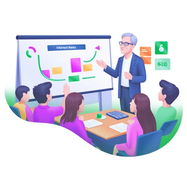 A classroom setting where a teacher stands in front of a whiteboard, explaining "Interest Rates" to a group of attentive, eager students. The teacher is a middle-aged individual with glasses, gesturing towards a colorful chart illustrating different interest rates. The students, varying in age and background, are seated at desks, looking engaged. Some students have notebooks open, while others are raising their hands to ask questions. On the teacher's desk, there are additional visual aids, including a calculator, a pie chart, and flashcards depicting financial terms. The classroom is filled with educational posters on the walls, further enhancing the learning environment.