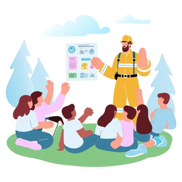 A firefighter in a bright yellow uniform is standing in front of a group of school children, engaging them with a fire safety talk. The firefighter is holding a colorful chart that displays fire safety tips, including symbols and illustrations. The children, who are sitting on a grassy area, are attentively listening and looking at the chart. In the background, there are trees and a blue sky with fluffy clouds, adding to the outdoor setting. Some of the children are raising their hands to ask questions, while others are taking notes on colorful notebooks.