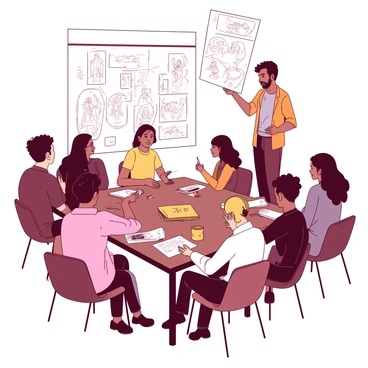 An artist is standing at the front of a cozy workshop room, surrounded by a group of attentive individuals. The artist is holding up a large sheet of paper filled with rough sketches, showcasing various figures and designs. The group, consisting of diverse people with varying expressions of curiosity and engagement, is seated at wooden tables scattered with art supplies. Soft lighting illuminates the room, enhancing the warmth of the environment. Some participants are taking notes, while others are leaning forward to get a closer look at the artist's work. The atmosphere is inviting and collaborative, emphasizing the exchange of ideas and creative feedback.