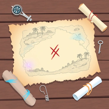 A vintage pirate treasure map is spread out on a weathered wooden table. The map features intricate drawings of landforms, including a deserted island with palm trees and rocky shores. An "X" is prominently marked in red to indicate the treasure spot. The edges of the map are tattered and yellowed, giving it an ancient appearance. Surrounding the map are small trinkets such as a compass, a rusty key, and a rolled-up parchment tied with a string, enhancing the treasure hunting theme.