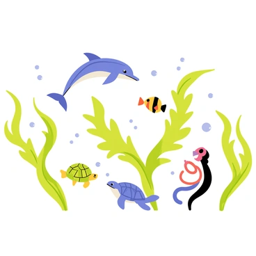 A group of colorful sea creatures performing a ballet among flowing green kelp leaves. A graceful dolphin is leaping through the water, with its streamlined body glistening in the light. Nearby, a vibrant clownfish swims in a synchronized motion next to a delicate sea turtle, which glides smoothly with its flippers outstretched. A playful octopus twirls and spirals around a thick kelp stem, showcasing its flexibility. Bubbles rise and scatter around them, adding a sense of movement to the underwater scene. The background is filled with more kelp leaves swaying gently with the currents, creating a lush aquatic environment for the performance.